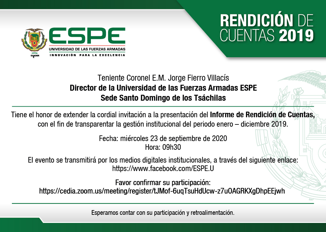 Invitación presentación Informe de Rendición de Cuentas 2019 ESPE Sede Santo Domingo de los Tsáchilas