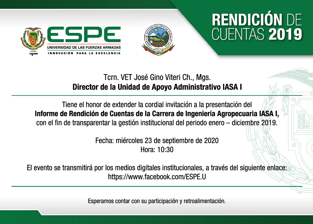 Invitación presentación Informe de Rendición de Cuentas 2019, Carrera de Ingeniería Agropecuaria IASA I